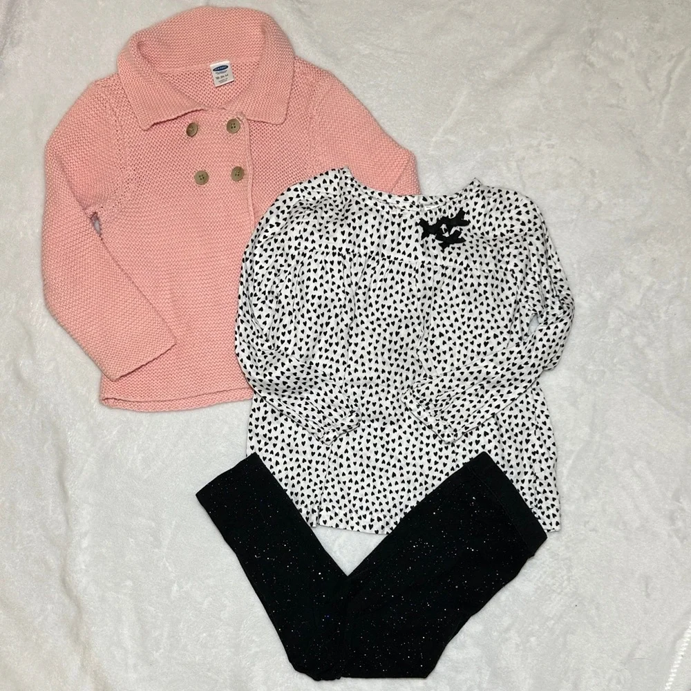 EUC Pink Knit Jacket, heart print top with Black sparkle Leggings 24mo